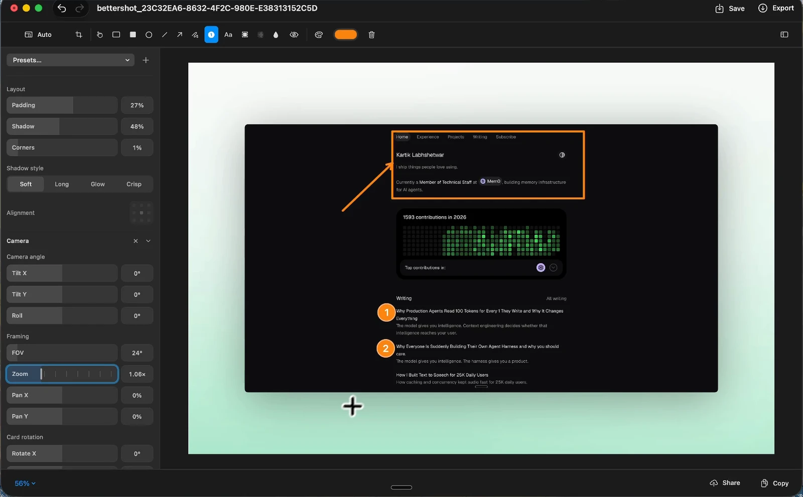 BetterShot image editor with editable annotations and background controls