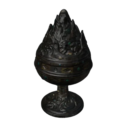 Lidded incense burner (<em>xianglu</em>) with geometric decoration and narrative scenes, a 3D model you can turn